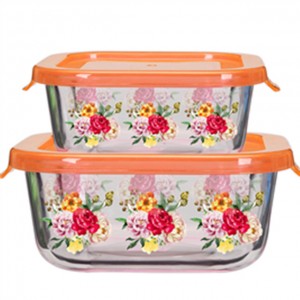 Glass Lunch Box With Storage Lid With Decal Pattern Glass Meal Containers