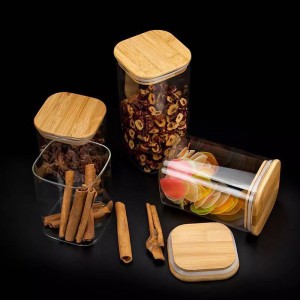 High borisilicate glass Square Storage Jar with bamboo lid